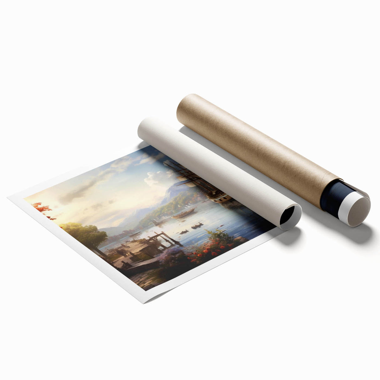 Rolled print of a serene harbor landscape featuring vibrant blues and greens, ideal for home decor. The artwork showcases textured waves and a tranquil sky, emphasizing calmness and nature. Perfect for adding a coastal touch to any room.