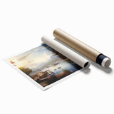 Rolled print of a serene harbor landscape featuring vibrant blues and greens, ideal for home decor. The artwork showcases textured waves and a tranquil sky, emphasizing calmness and nature. Perfect for adding a coastal touch to any room.