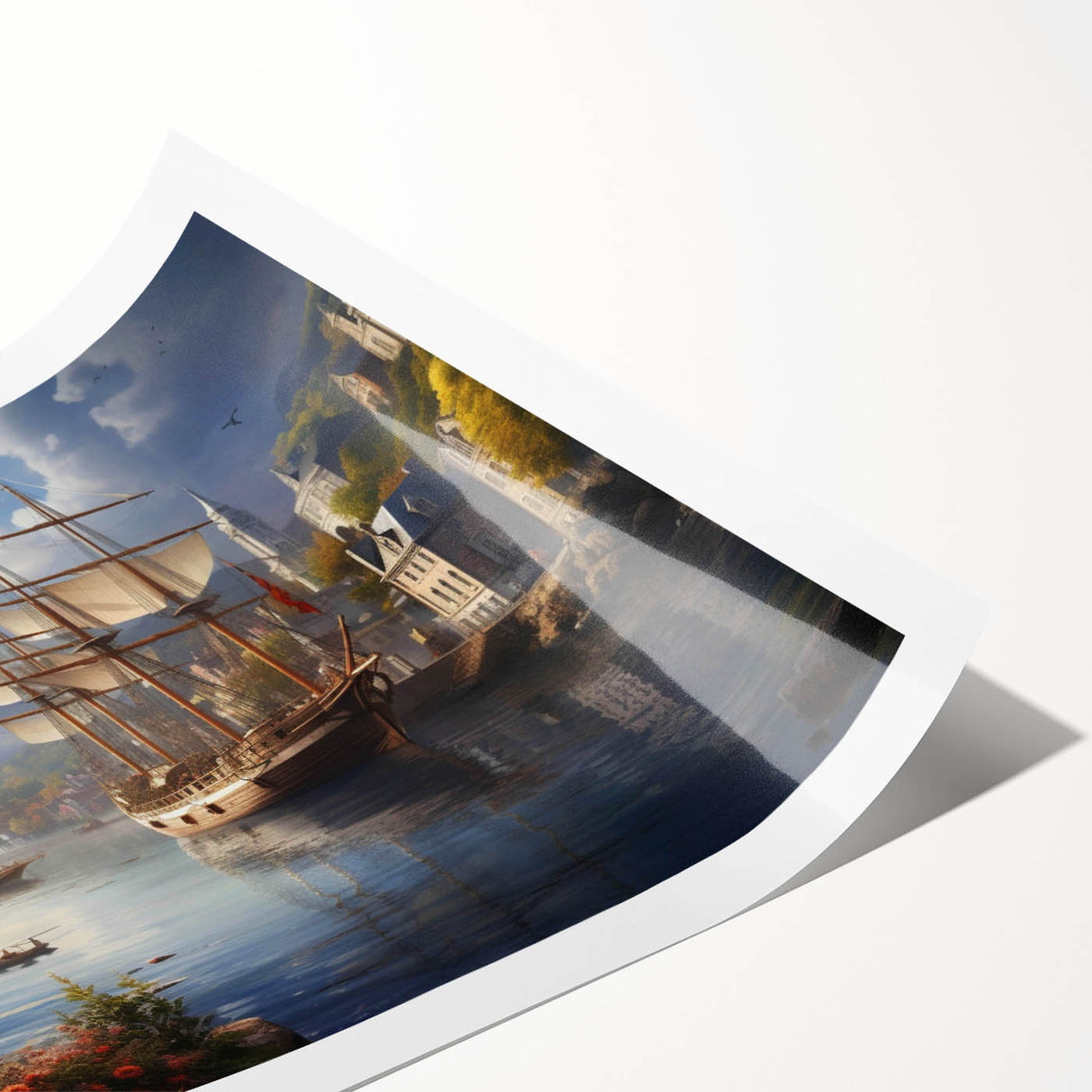 Vibrant rolled print showcasing a serene harbor landscape design, featuring rich blues and greens, ideal for coastal home decor. Perfectly packaged for safe delivery.