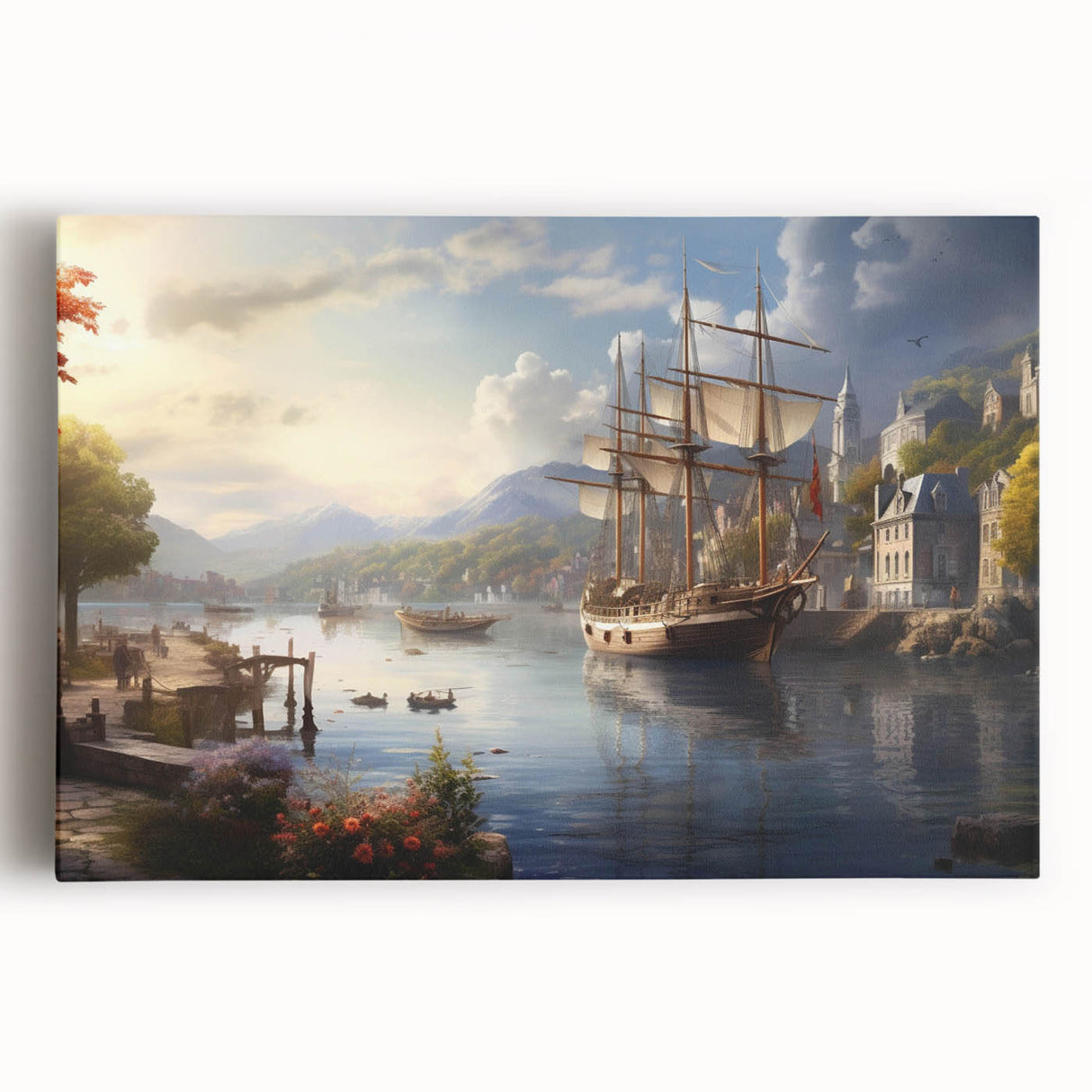 Stretched canvas wall art showcasing a vibrant harbor landscape design, featuring calming blues and greens, ideal for modern home decor. Perfect for nautical-themed rooms, this artwork adds a serene touch to any space.