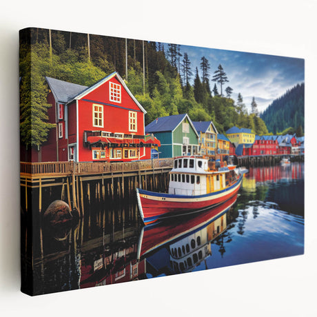 Stretched canvas wall art showcasing a serene harbor landscape with vibrant colors, perfect for home decor and enhancing living spaces. Ideal for coastal-themed interiors.