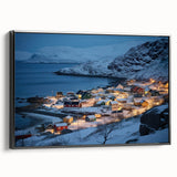 Framed canvas wall art showcasing a serene harbor landscape design, featuring vibrant colors and intricate details, presented in a sleek black frame for a modern aesthetic.