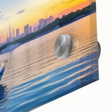 Close-up of a vibrant acrylic glass wall art piece showcasing a serene harbor landscape, featuring rich colors and intricate details that enhance any decor.