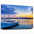 Acrylic glass wall art piece showcasing a serene harbor landscape design, featuring vibrant colors and intricate details, displayed at an angle with pins for mounting.