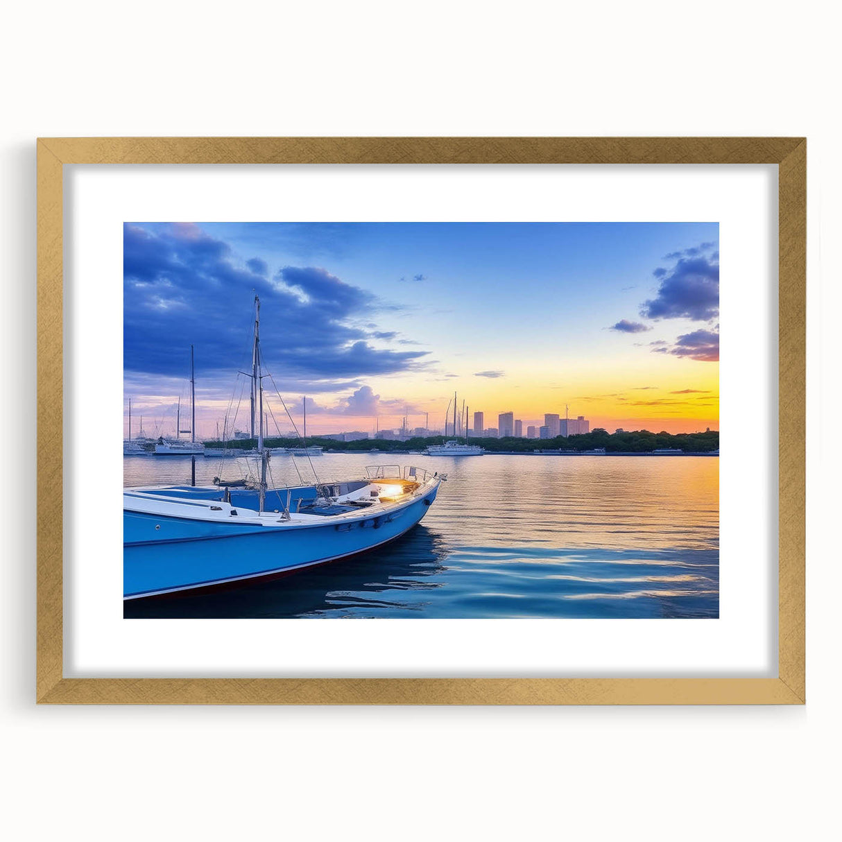 Elegant wall art featuring a gold-framed landscape design of a serene harbor scene, complete with a mat, perfect for enhancing home decor in various settings.