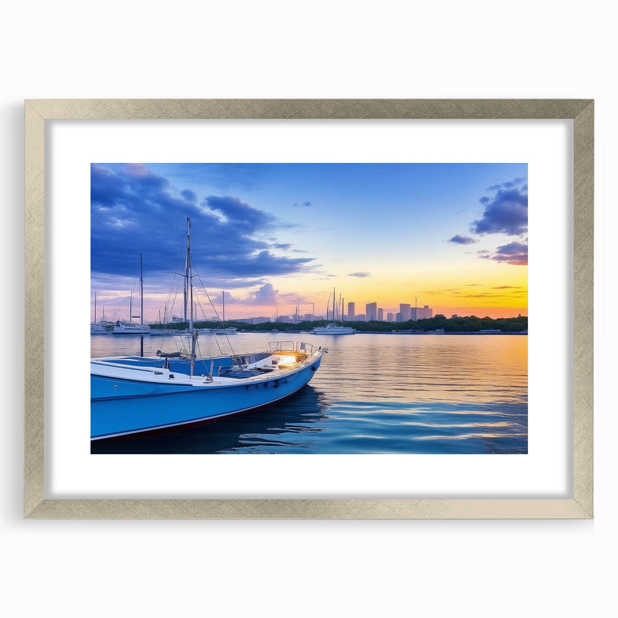 Framed silver wall art featuring a serene harbor landscape design, with a mat for added depth, perfect for enhancing modern home decor aesthetics.