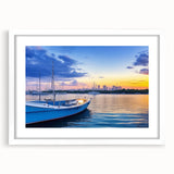 Framed wall art featuring a serene harbor landscape design, with a white mat and sleek frame, perfect for enhancing home decor and creating a calming atmosphere.