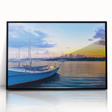 Framed acrylic wall art showcasing a serene harbor landscape with vibrant colors, perfect for home decor. Ideal for creating a calming atmosphere in living spaces.