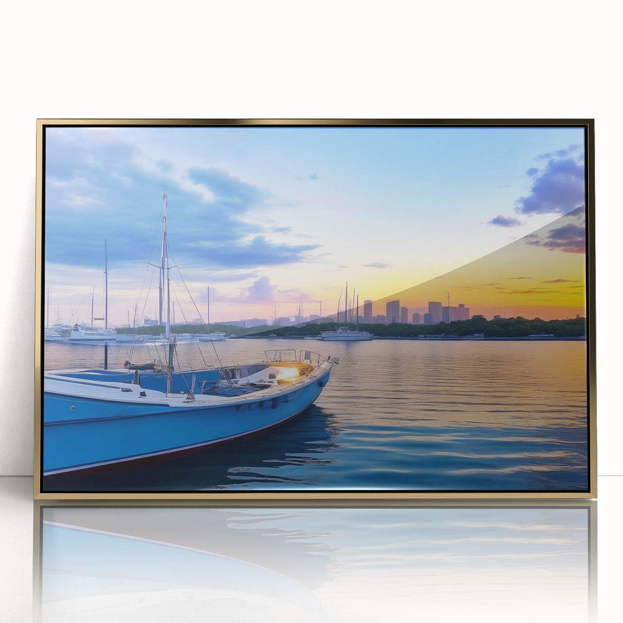 Framed acrylic wall art showcasing a harbor landscape design, featuring a gold frame and vibrant colors, ideal for modern home decor. Perfect for enhancing living spaces with a touch of elegance.