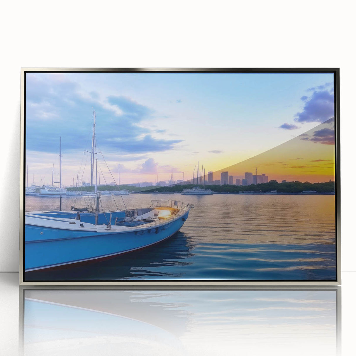 Framed acrylic wall art showcasing a serene harbor landscape design, featuring silver accents and a modern aesthetic, perfect for home decor enhancement.