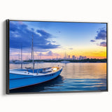 Framed canvas wall art featuring a serene harbor landscape design with vibrant colors, showcasing a black frame and side view angle, ideal for modern decor.