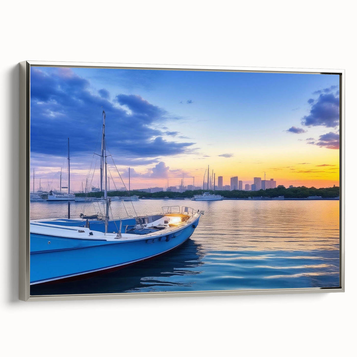 Framed canvas wall art showcasing a serene harbor landscape design with a silver frame, perfect for enhancing modern home decor. Ideal for coastal-themed interiors.