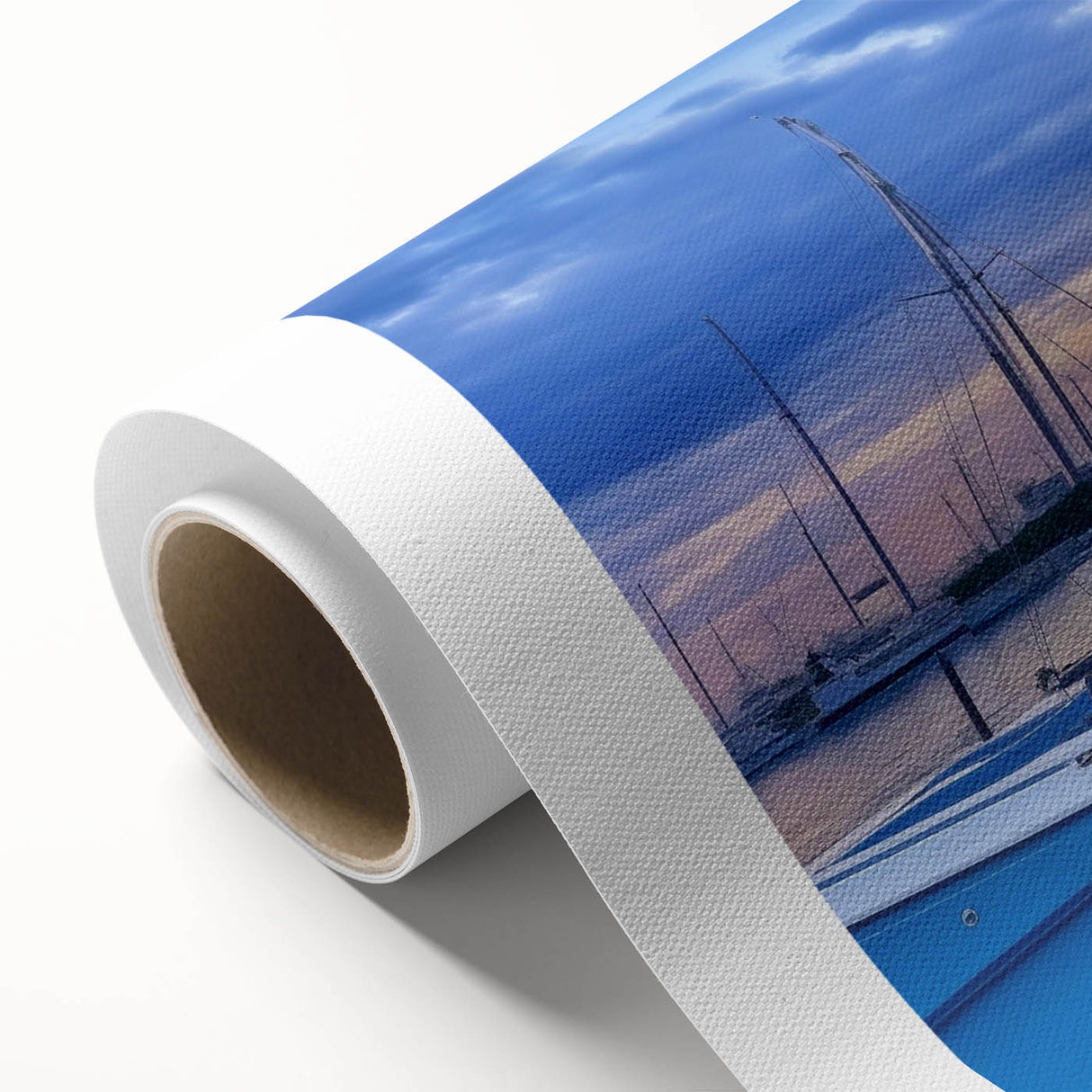 Rolled canvas art showcasing a serene harbor landscape design, featuring vibrant colors and intricate details, ready to enhance any home decor setting.