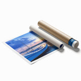Vibrant rolled print of a harbor landscape design showcasing tranquil blue waters and colorful boats, ideal for home decor. Perfectly packaged in a protective tube.