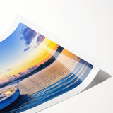 Rolled print of a serene harbor landscape featuring calm waters, soft pastel colors, and a tranquil sky, ideal for home decor and wall art collection.