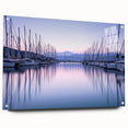 Acrylic glass wall art collection featuring a vibrant harbor landscape design, showcasing rich colors and intricate details, displayed from a side view with mounting pins. Perfect for enhancing modern home decor.
