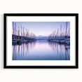 Framed black wall art featuring a serene harbor landscape design with a white mat, ideal for modern home decor and enhancing living spaces.