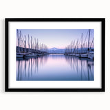 Framed black wall art featuring a serene harbor landscape design with a white mat, ideal for modern home decor and enhancing living spaces.