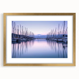 Framed wall art collection showcasing a serene harbor landscape design with a gold mat, enhancing home decor with elegance and tranquility. Perfect for coastal-themed interiors.