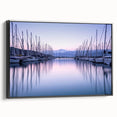 Framed canvas wall art featuring a serene harbor landscape design, showcasing calming blue tones and intricate details, ideal for enhancing any living space decor.