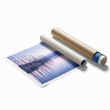 Vibrant landscape harbor wall art print showcasing serene ocean views with colorful boats and a clear blue sky, rolled for easy display and shipping.