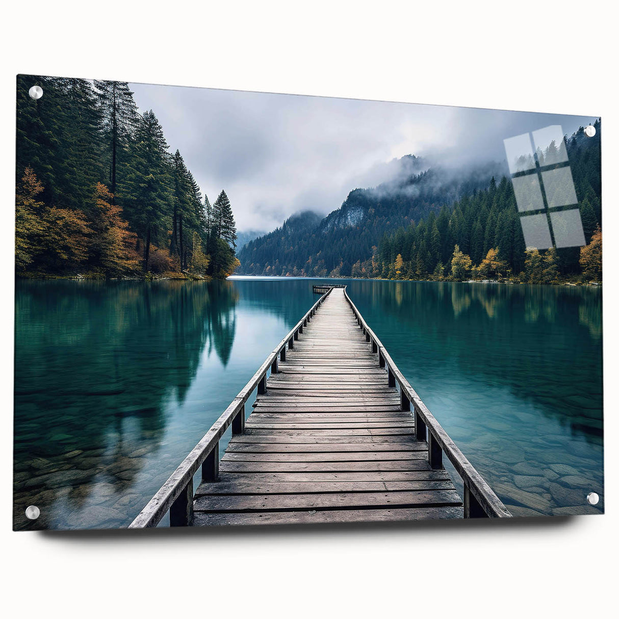 Acrylic glass wall art collection featuring a vibrant harbor landscape design, showcasing deep blue waters and colorful boats, elegantly displayed from a side view with visible mounting pins.