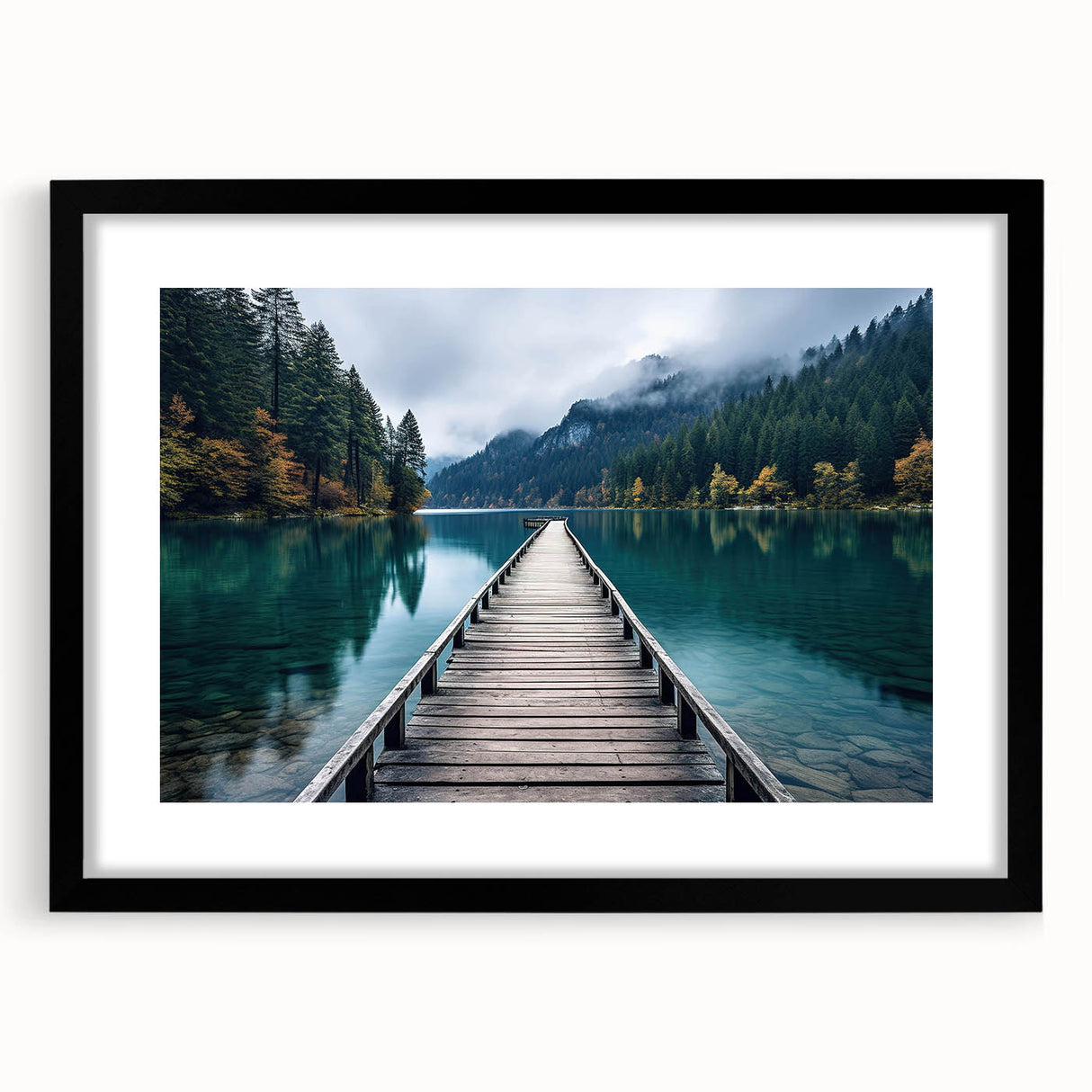 Framed landscape wall art collection showcasing a serene harbor scene, featuring a black mat and elegant frame, perfect for modern home decor.