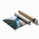 Rolled print showcasing a serene coastal landscape with vibrant colors and intricate details, ideal for home decor and artistic interior design.
