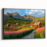 Framed canvas wall art showcasing a serene harbor landscape design with rich blue and green tones, featuring a sleek black frame, ideal for modern decor.