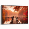 Framed canvas wall art featuring a serene harbor landscape design with vibrant colors, displayed from a black side view, perfect for home decor.
