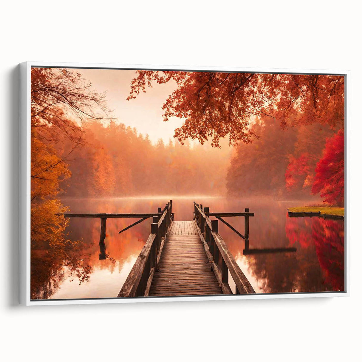 Framed canvas wall art of a serene harbor landscape featuring soft blue and green hues, presented in a sleek white frame, ideal for home decor and relaxation.