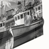 Close-up of a vibrant acrylic glass wall art piece showcasing a serene harbor landscape design, featuring soft blues and greens, perfect for modern home decor.