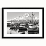 Framed black wall art featuring a serene harbor landscape design with a mat, ideal for modern home decor. Perfect for adding elegance and tranquility to living spaces.