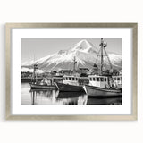 Framed silver wall art featuring a serene harbor landscape design, complete with a white mat, ideal for modern home decor. Perfect for adding a touch of elegance to living spaces.