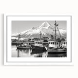 Framed landscape harbor design wall art collection featuring a white mat, showcasing serene coastal imagery, perfect for enhancing modern home decor.