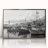 Framed acrylic wall art featuring a modern landscape design with a gold frame, showcasing serene harbor views, perfect for home decor enhancement.