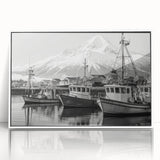 Framed acrylic wall art showcasing a serene harbor landscape design in a white frame, perfect for enhancing modern home decor. Ideal for art enthusiasts and coastal decor lovers.