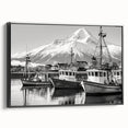 Framed canvas wall art depicting a serene harbor landscape with vibrant colors, showcasing a black frame for an elegant finish, ideal for home decor enhancement.