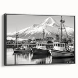 Framed canvas wall art depicting a serene harbor landscape with vibrant colors, showcasing a black frame for an elegant finish, ideal for home decor enhancement.