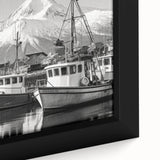 Close-up of a framed canvas showcasing a vibrant harbor landscape design, featuring rich colors and intricate details, perfect for home decor.