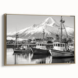 Framed canvas artwork showcasing a serene harbor landscape with golden accents, perfect for enhancing home decor. The piece highlights tranquil water reflections and vibrant colors, creating a calming ambiance. Ideal for art lovers seeking nautical-themed decorations.
