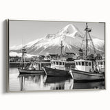 Framed canvas wall art depicting a serene harbor landscape design, featuring calming blues and silvers, ideal for enhancing interior decor aesthetics.