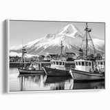Framed canvas art showcasing a serene harbor landscape, featuring soft blue and green tones with a white frame, perfect for enhancing home decor aesthetics.