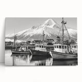 Stretched canvas wall art collection showcasing a serene harbor landscape in soft blues and greens, ideal for modern home decor, evoking tranquility and calmness.