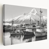 Stretched canvas wall art showcasing a tranquil harbor landscape design, featuring vibrant blues and greens, perfect for enhancing home decor and creating a serene ambiance.