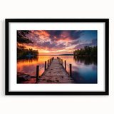 Black-framed wall art depicting a serene harbor landscape, showcasing calming blue and green tones with a white mat for an elegant finish, perfect for home decor.
