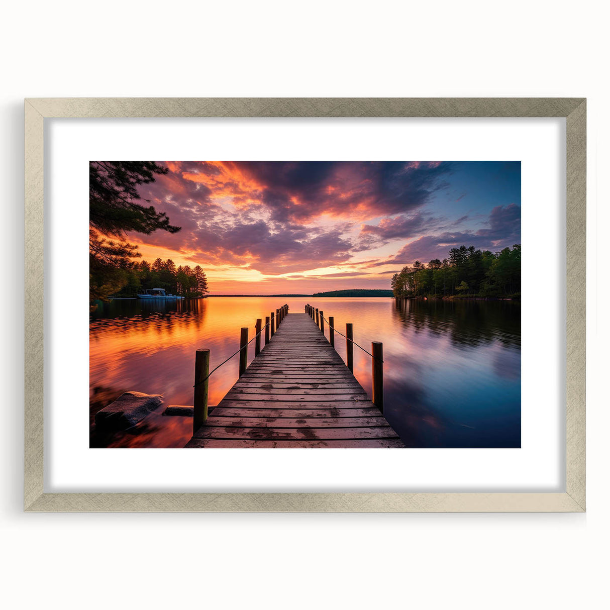 Framed wall art collection featuring a serene harbor landscape design with a silver mat and sleek frame, ideal for enhancing modern home decor.