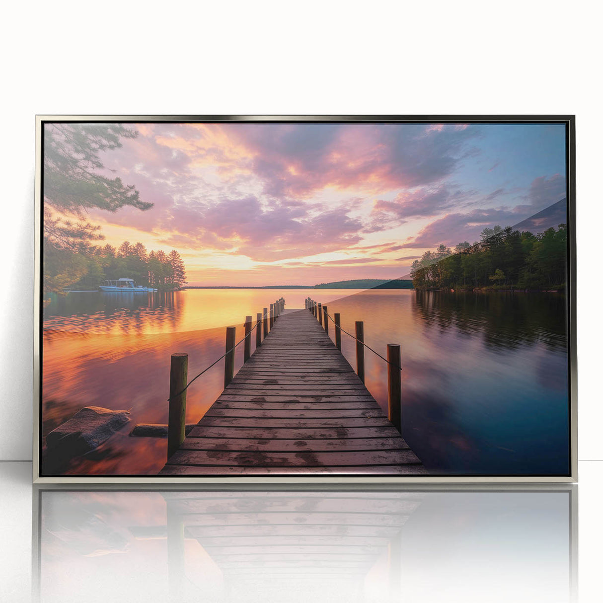Framed acrylic wall art featuring a serene harbor landscape design in silver tones, perfect for modern decor. Ideal for enhancing living spaces with elegance.