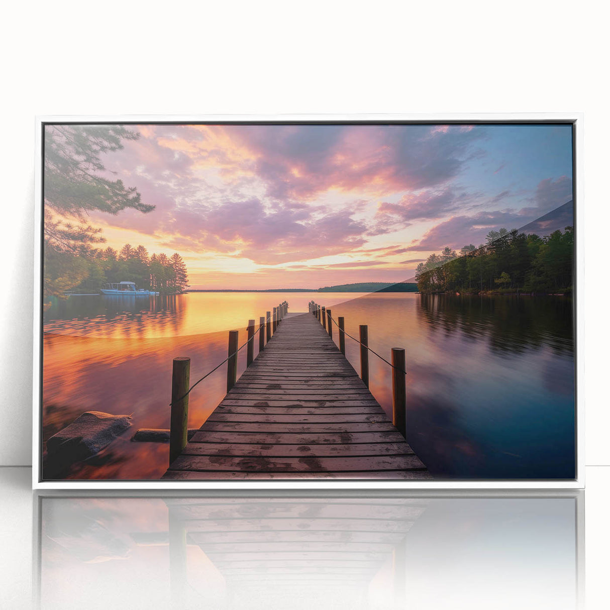 Framed acrylic wall art showcasing a serene harbor landscape in soft pastel colors, elegantly displayed with a white frame, perfect for home decor.