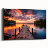 Framed canvas wall art depicting a serene harbor landscape with vibrant colors, showcasing a black frame and side view, perfect for home decor enhancement.